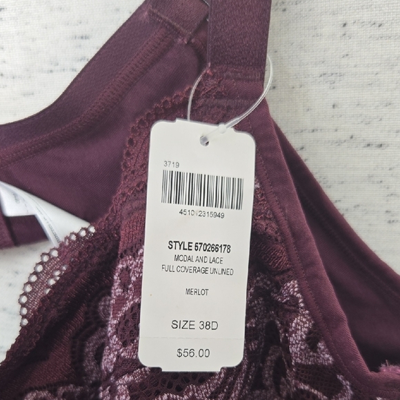 Soma Modal and Lace Unlined Bra Burgundy - Picture 3 of 8